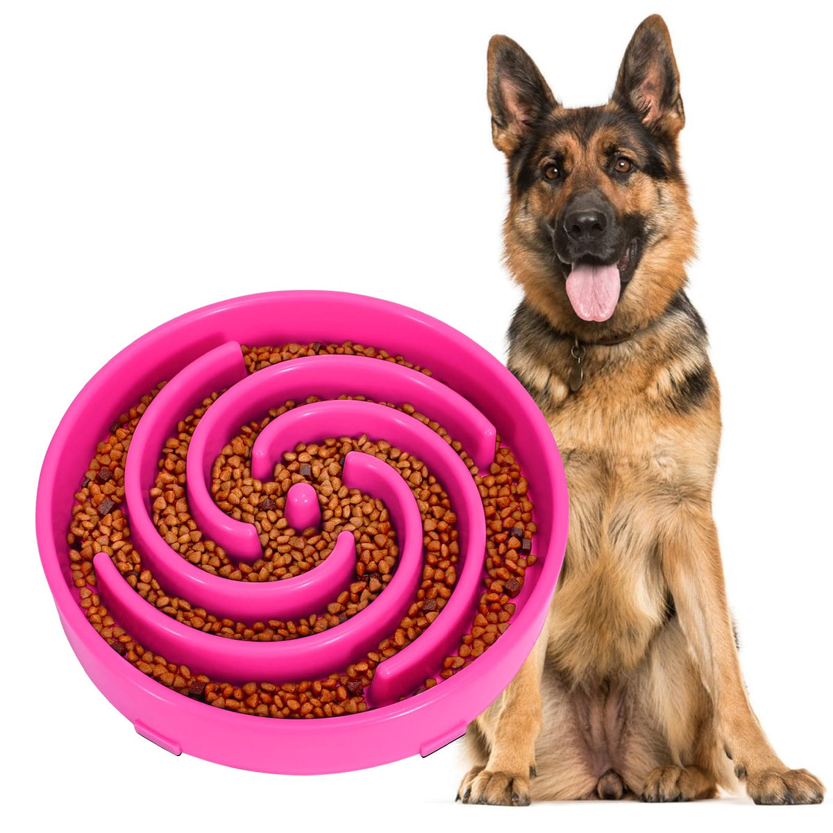 JASGOOD rose red slow-feeder bowl with spiral maze for mindful meals.