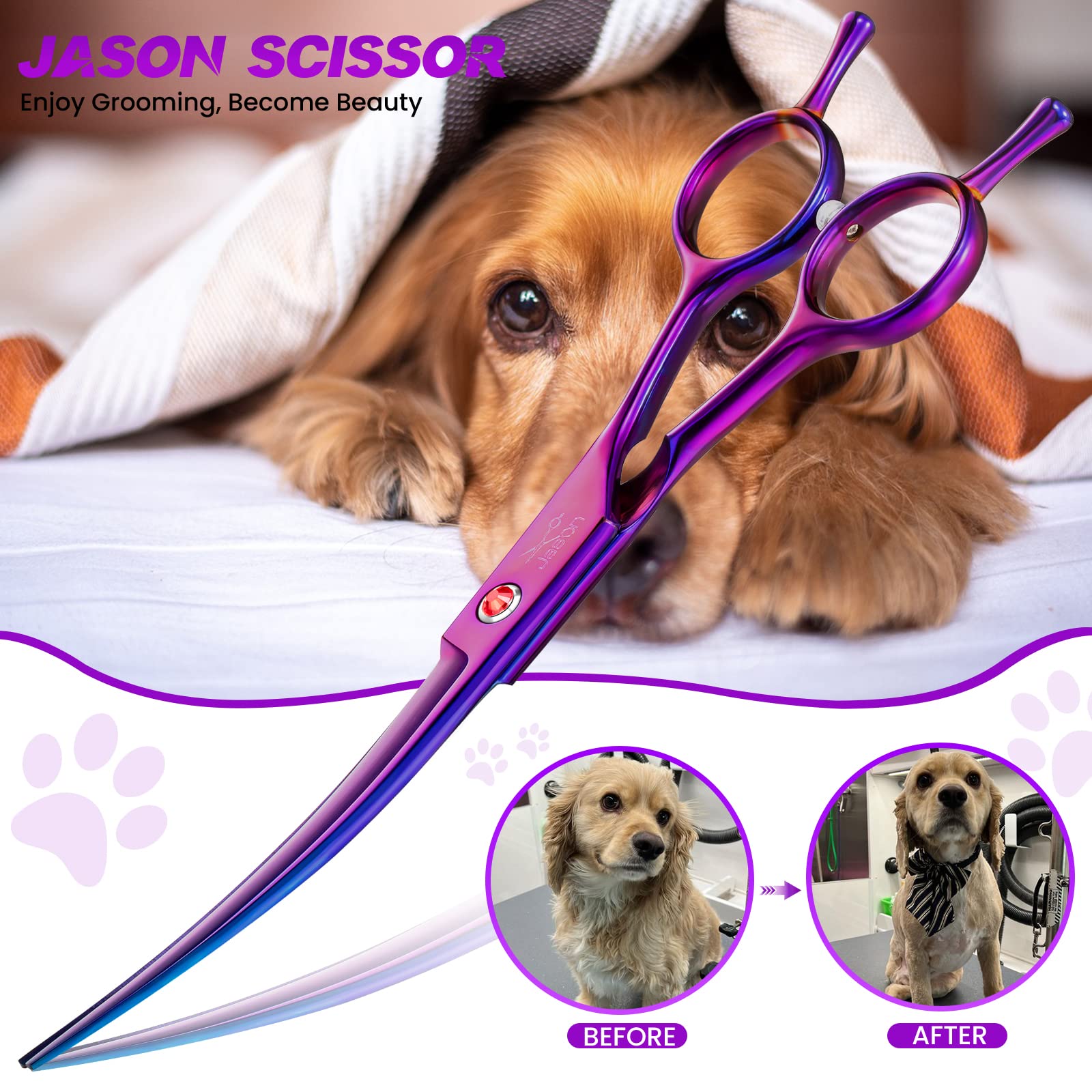 Jason Curved Shears with up-curved blade for precise trimming around face and ears.