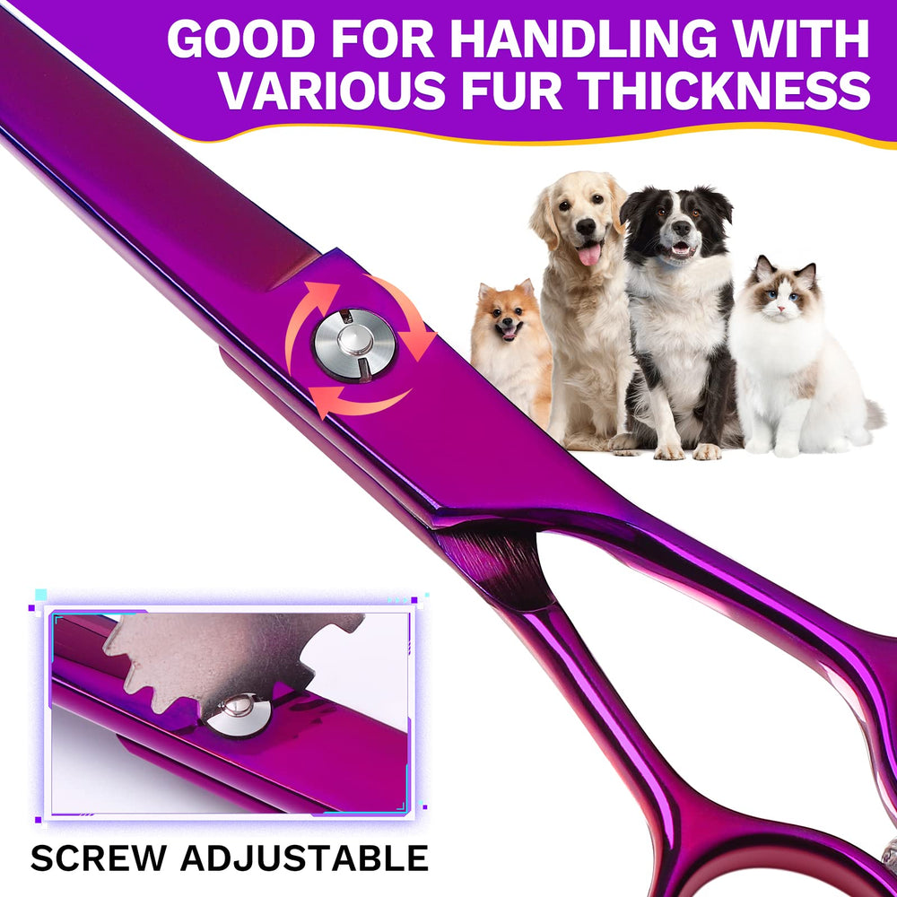 Jason Curved Shears in action during pet grooming, portable for on-the-go use.