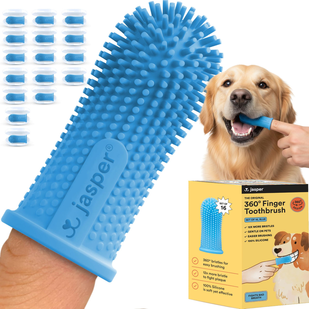 Jasper dog toothbrush with 360-degree cleaning covers all surfaces for comprehensive care.