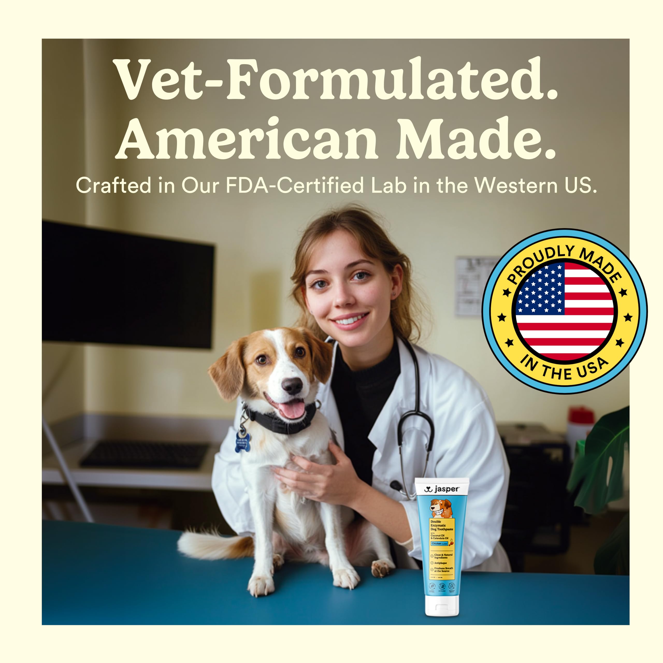 Jasper dog enjoys bacon and chicken flavors during brushing sessions.
