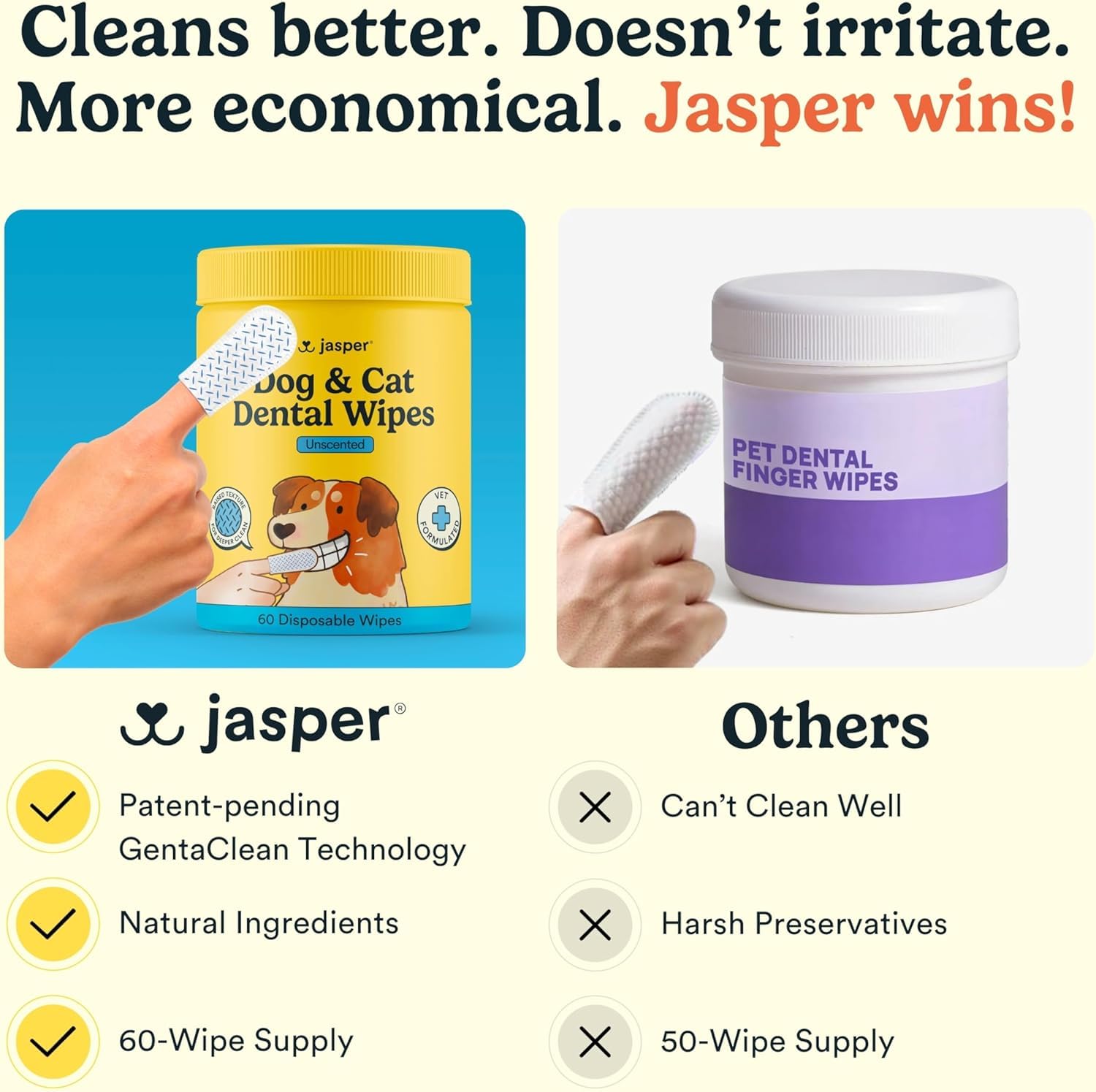 Jasper PlaqLift technology gently lifts plaque and tartar during wiping.