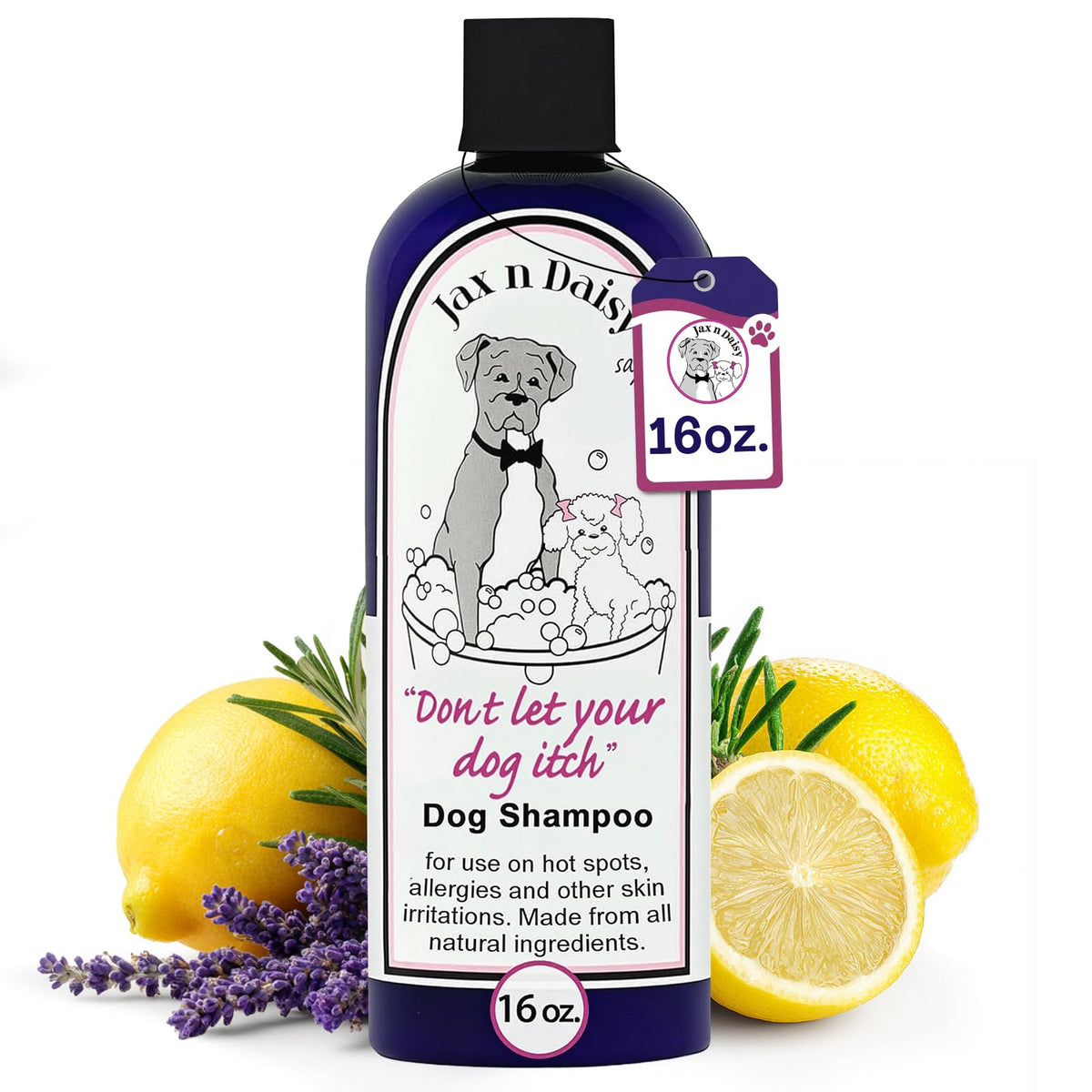 Jax N Daisy dog shampoo bottle pouring for a gentle wash on sensitive skin