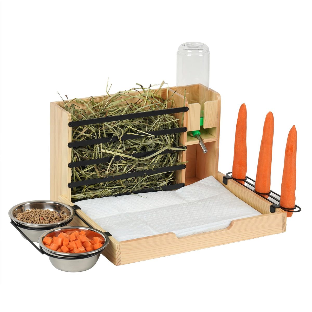 JAZUIHA rabbit hay feeder 4-in-1 wooden design supports tidy feeding.