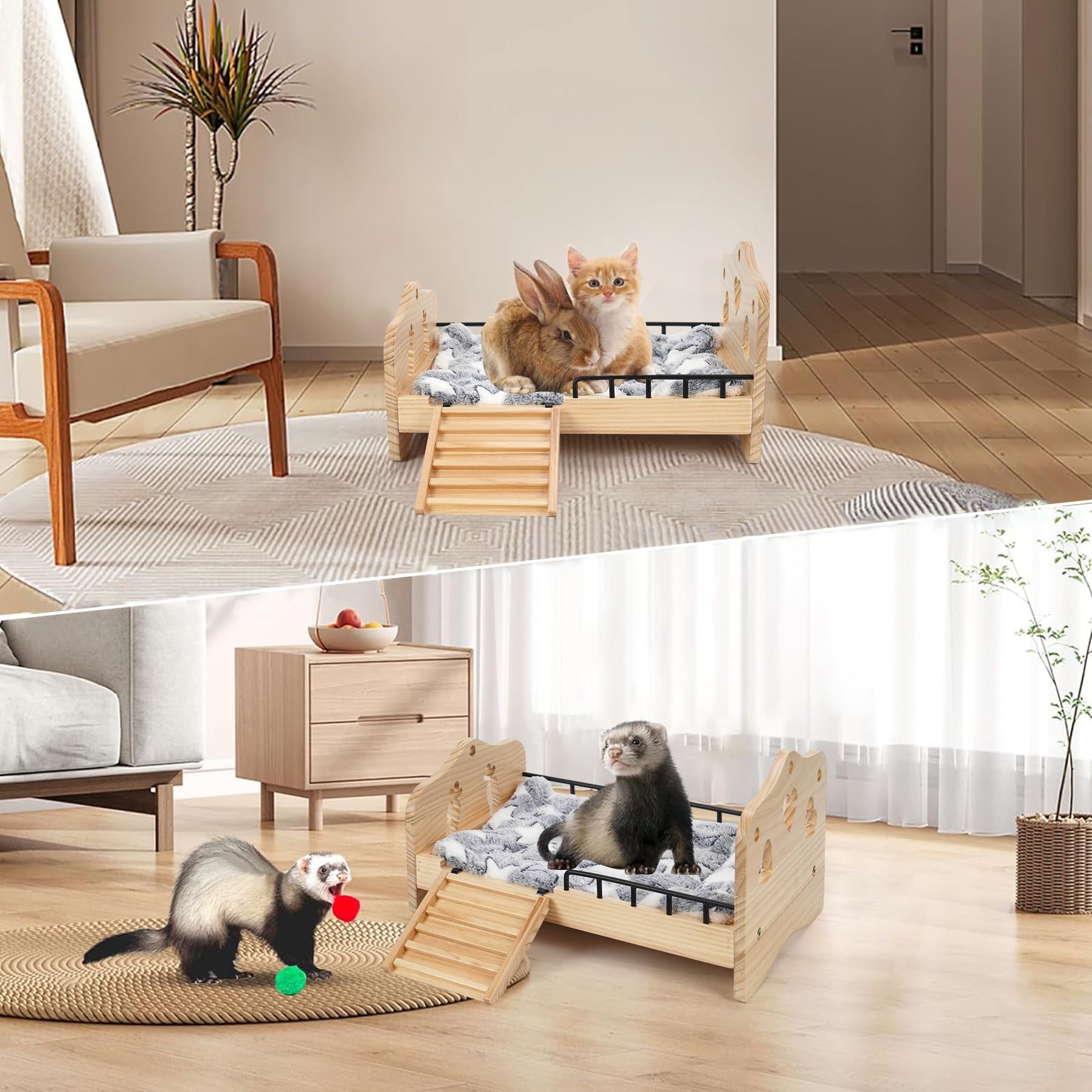 JAZUIHA wooden bunny bed side view shows stable, chew-resistant frame for small pets.