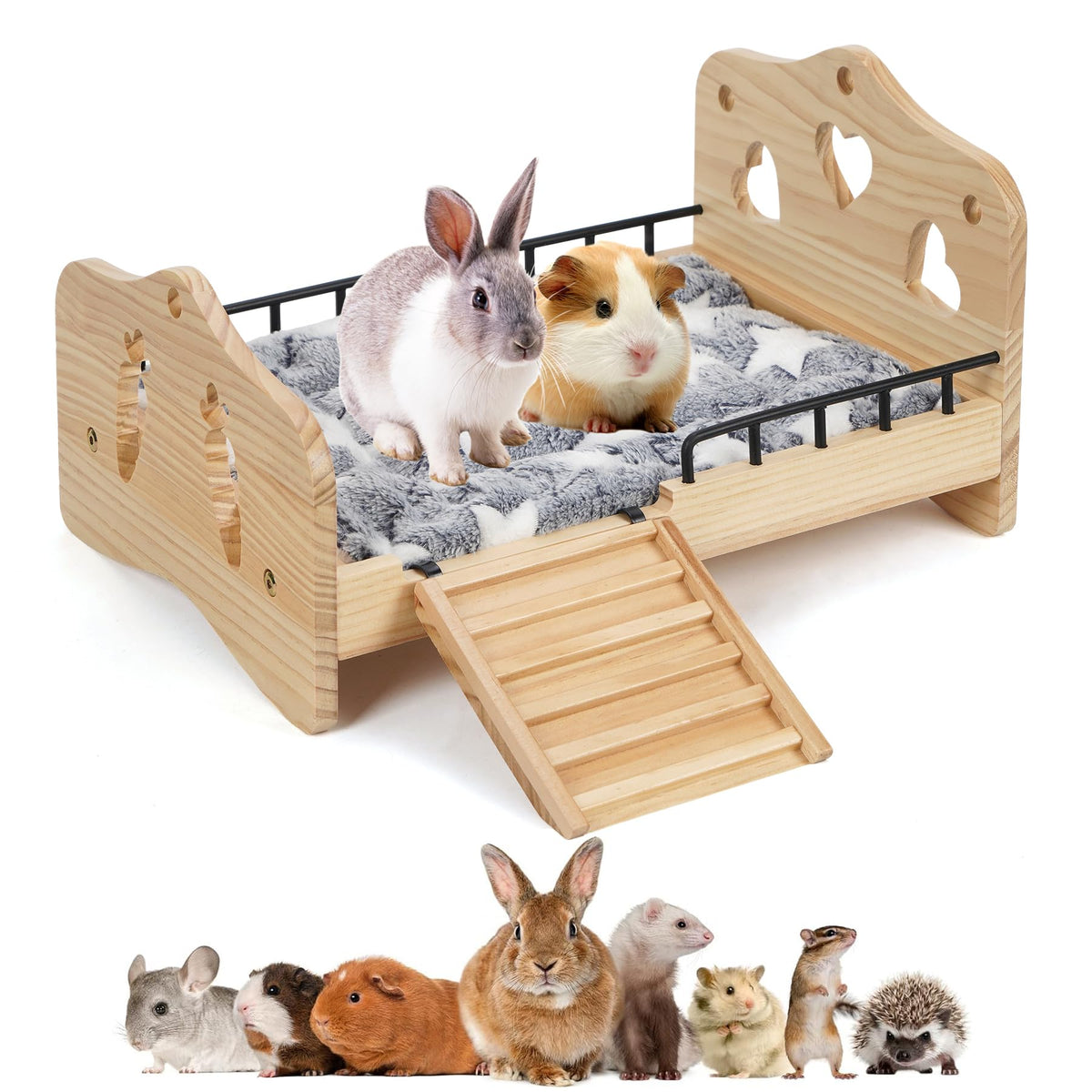 JAZUIHA wooden bunny bed with stairs offers a cozy resting space for small pets.