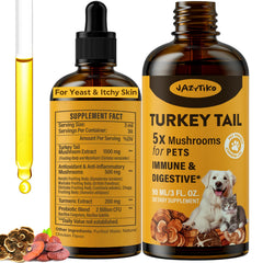 Jazytiko Turkey Tail dogs supplement bottle showing immune and digestive support.