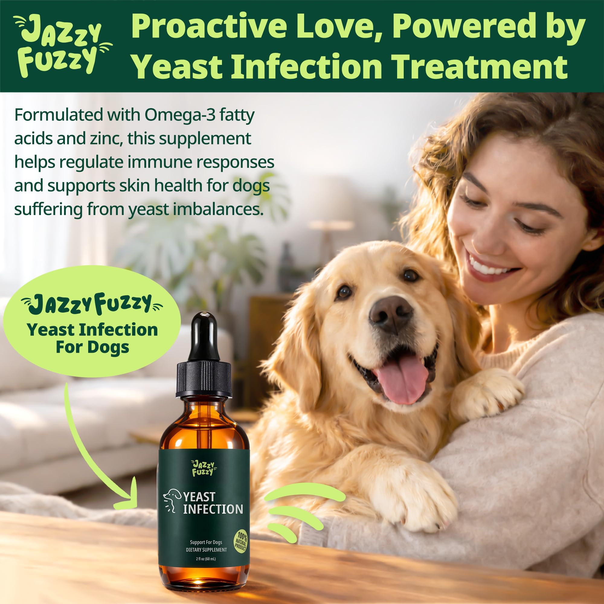 Jazzy Fuzzy dosing scene with owner for a simple daily routine.