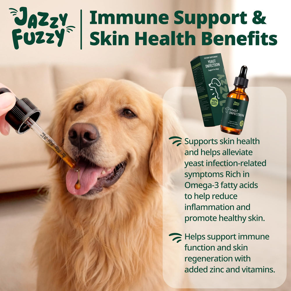 Jazzy Fuzzy dog paw-lick closeup illustrating skin care support in use.