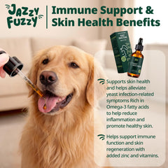 Jazzy Fuzzy dog paw-lick closeup illustrating skin care support in use.