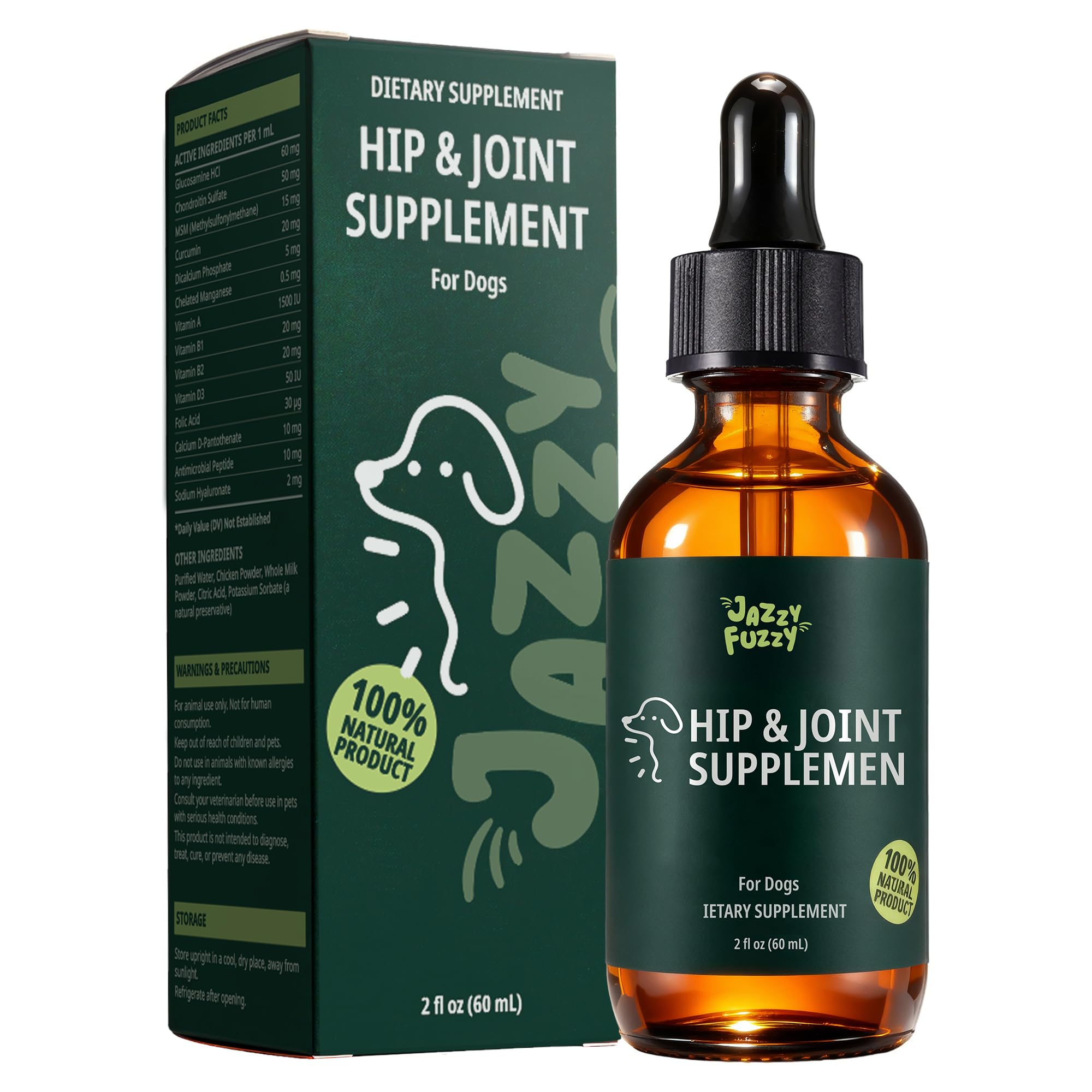 Jazzy Fuzzy hip joint supplement bottle for dogs supports mobility.