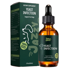 Jazzy Fuzzy Yeast Support Liquid bottle shown for dogs' skin balance.