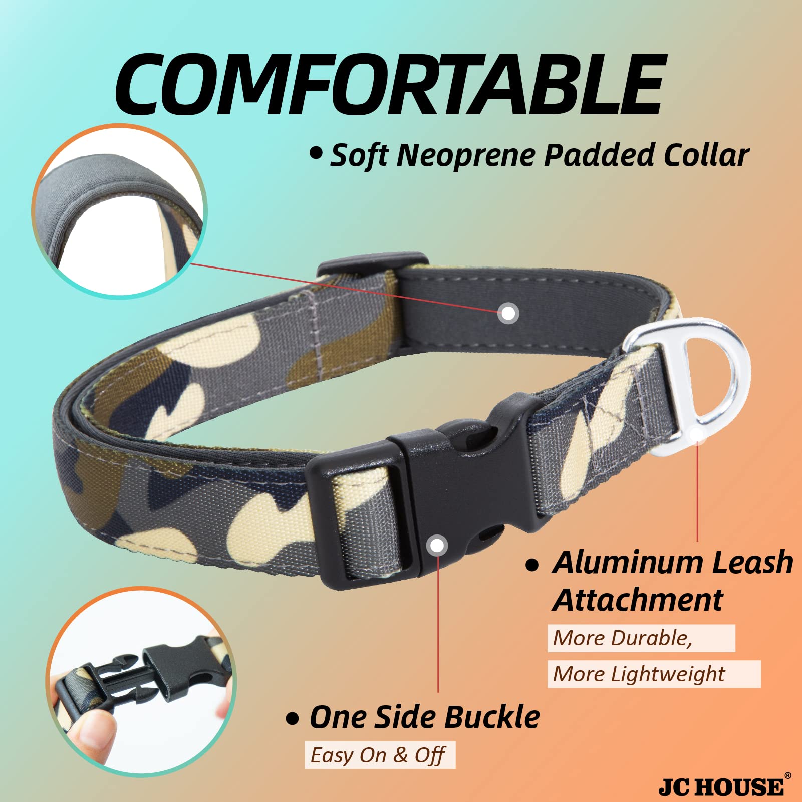 JC HOUSE camo green print collar designed for outdoor adventures.
