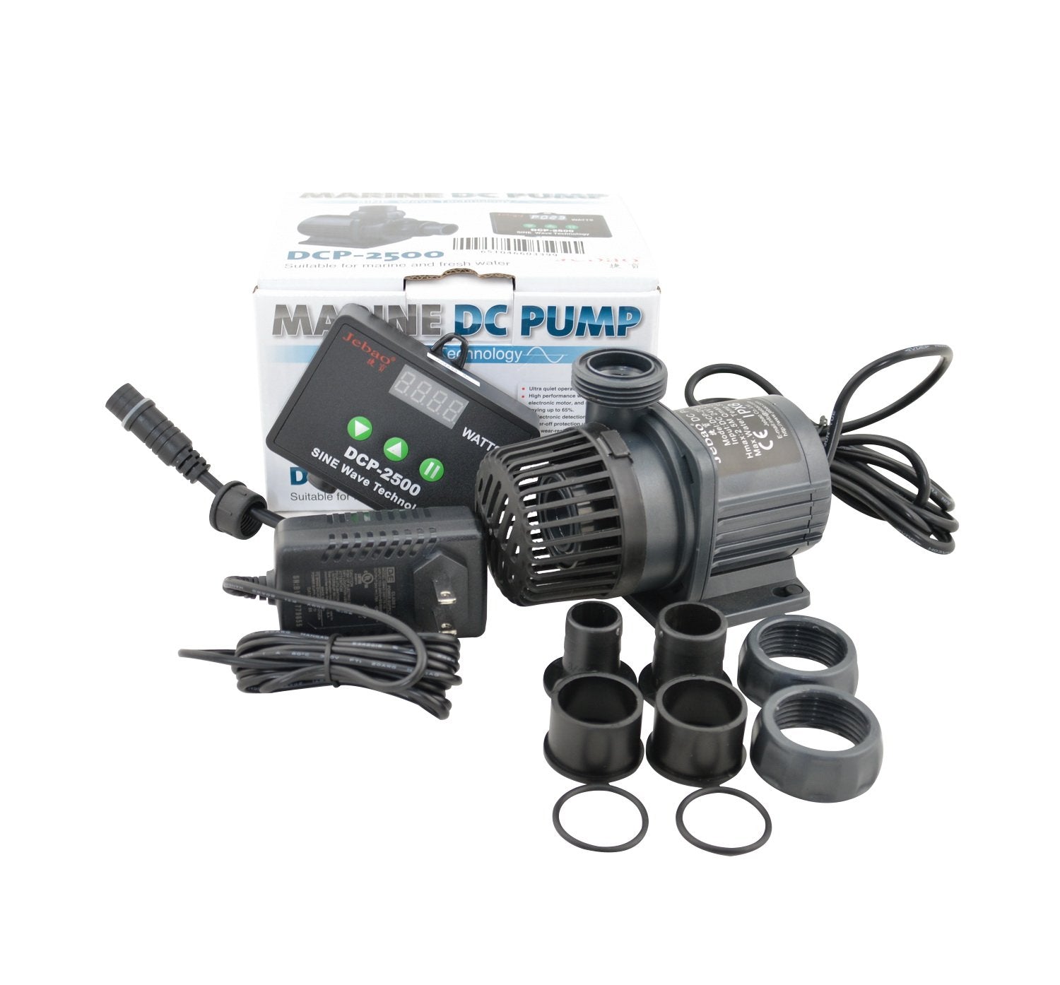 Jebao Jecod DCP-2500 pump front view shows quiet, efficient flow for reef tanks and sumps.