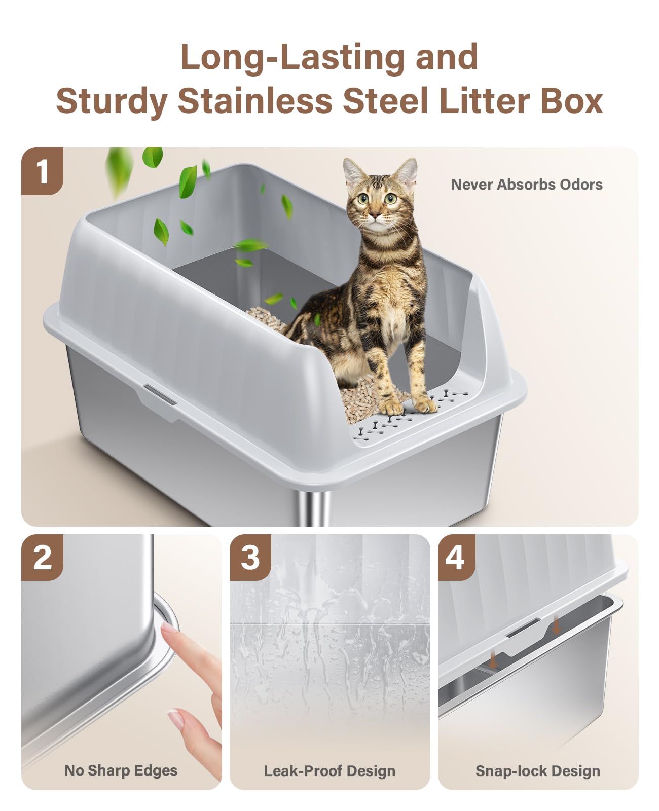 Jecoo hygienic stainless steel litter box resists rust and stains