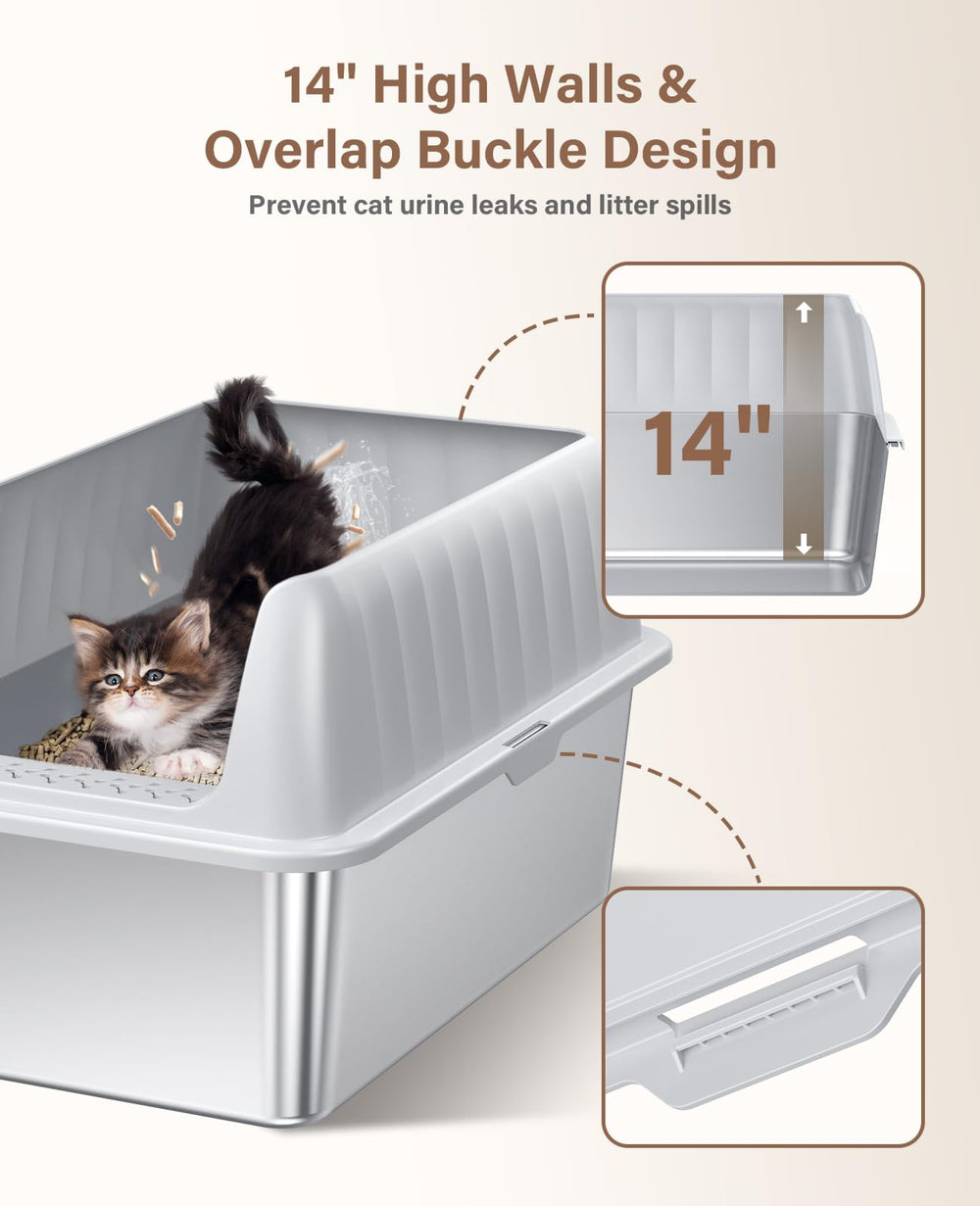 Jecoo odor-resistant stainless steel litter box with non-stick interior