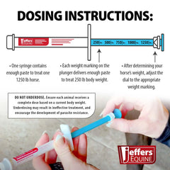 Jeffers syringe delivering a measured dose to a horse