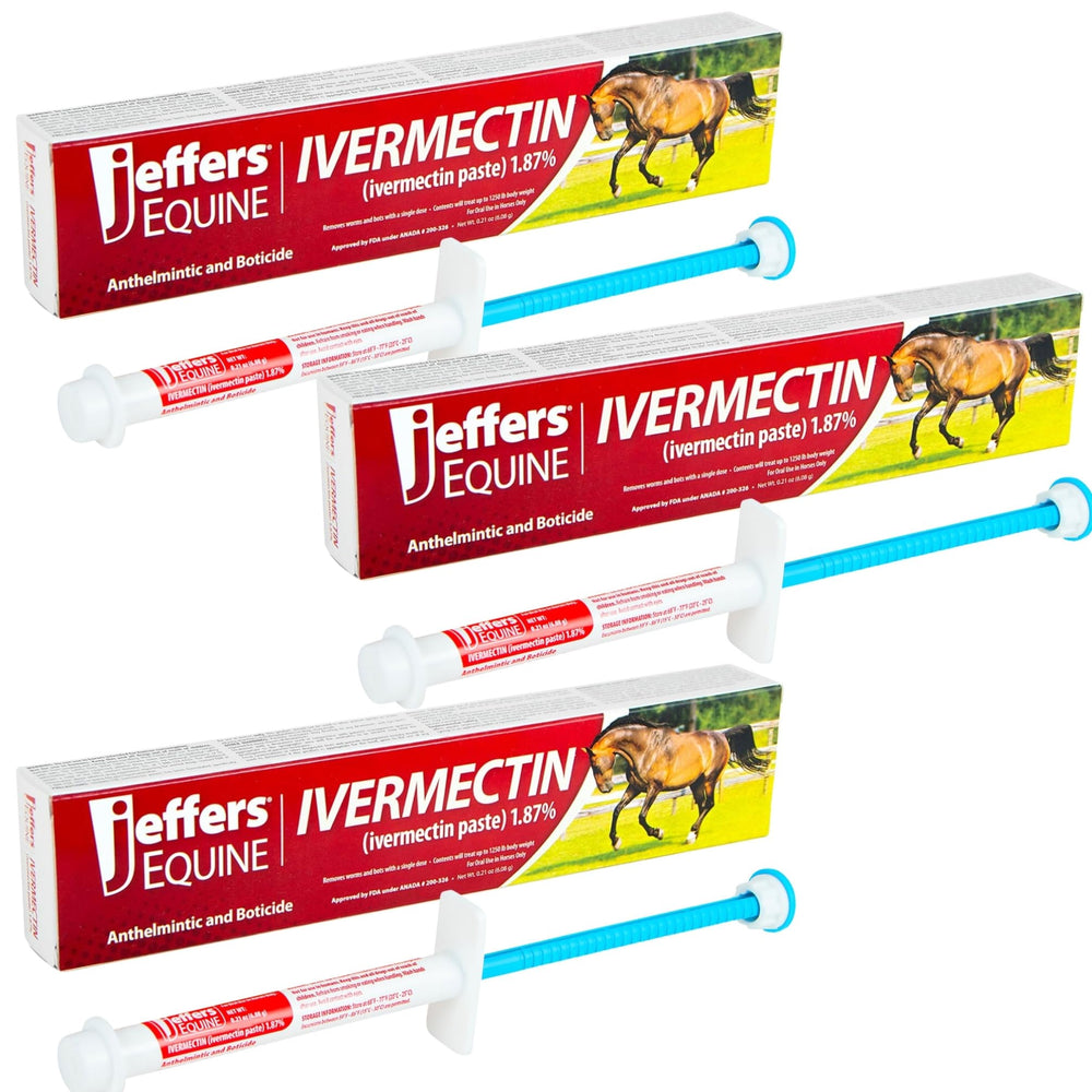 Jeffers ivermectin gel apple-flavored syringe facilitates easy horse dosing.