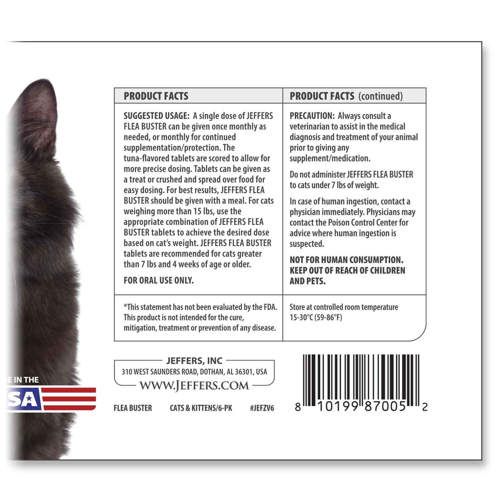 Jeffers Flea Buster scored tablets shown in bottle for precise portions.