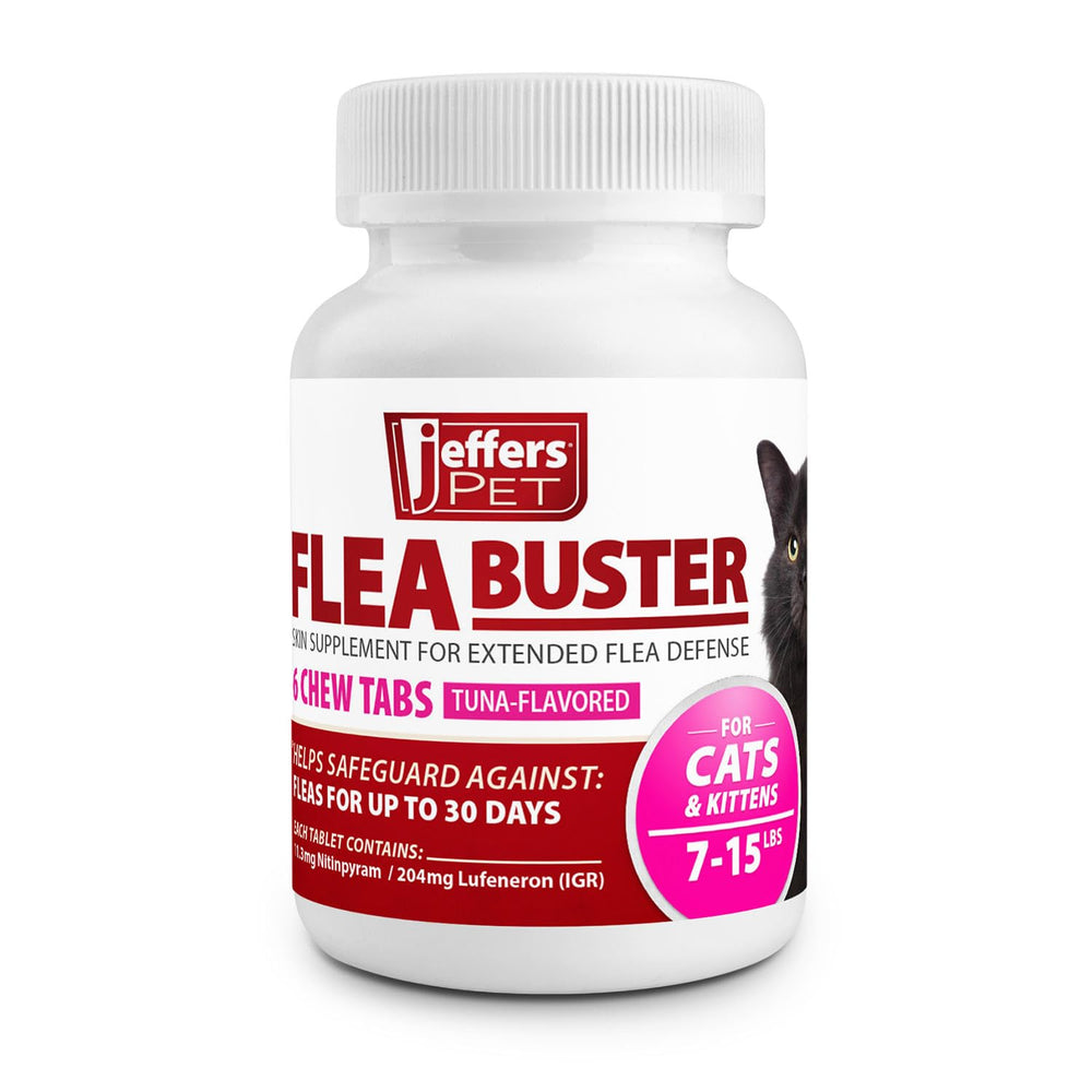 Jeffers Pet Flea Buster tuna tablets packaging front for simple monthly dosing.