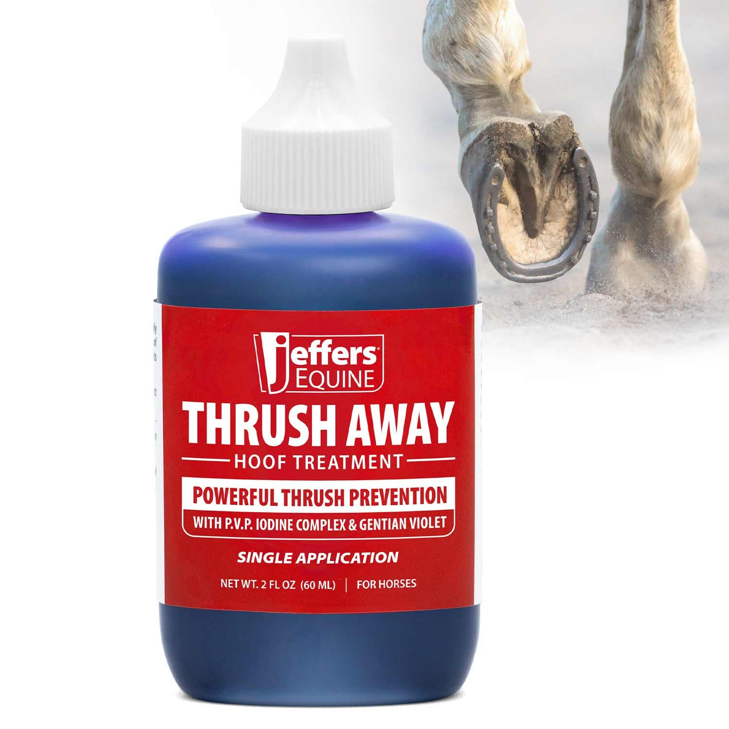 Jeffers Thrush Away 2oz bottle pour for easy hoof care during grooming