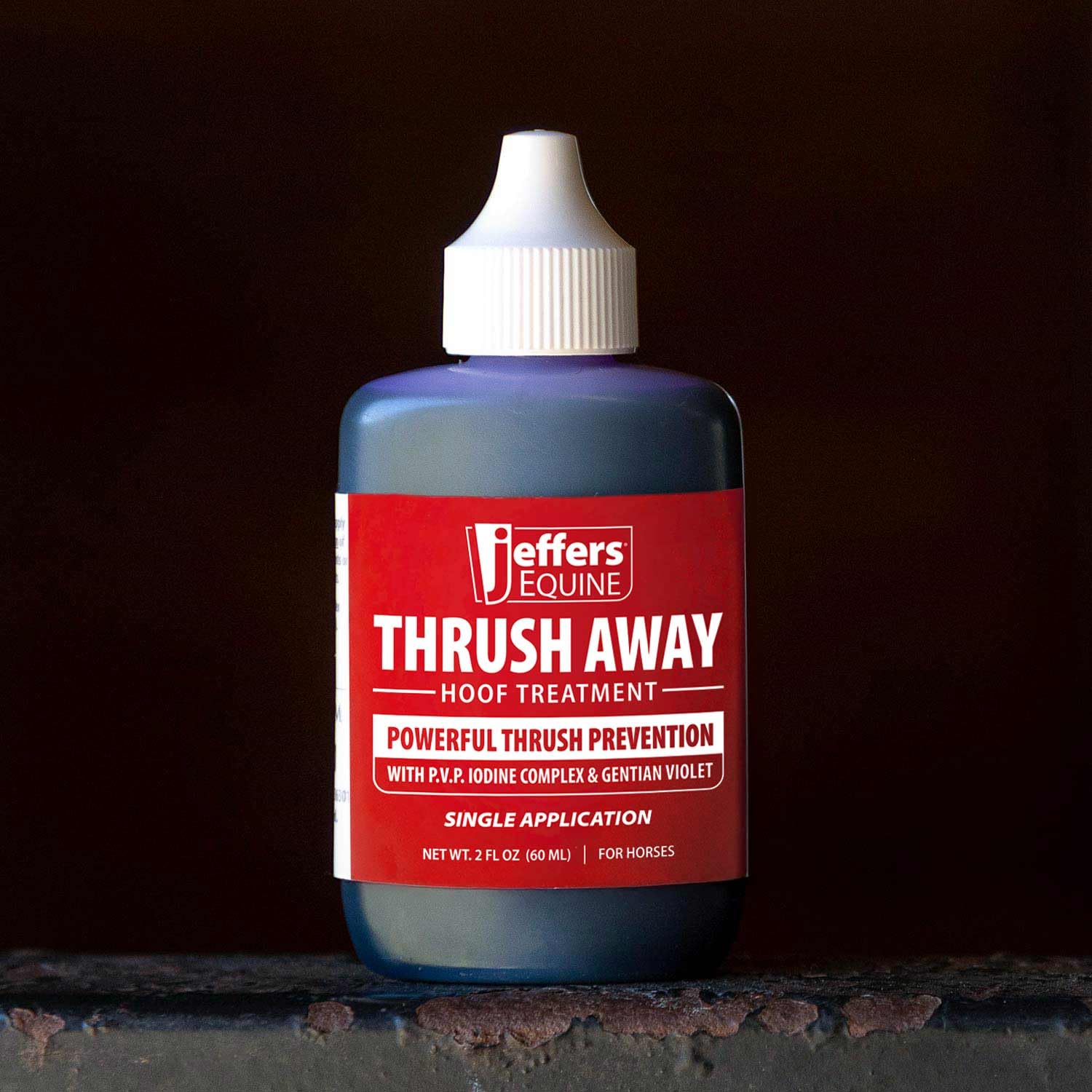 Jeffers Thrush Away bottle label close-up showing dosing and usage notes