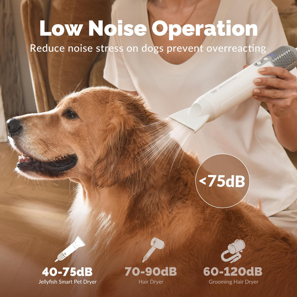 Jellyfish dog dryer angled grip emphasizes ergonomic balance for effortless grooming sessions.