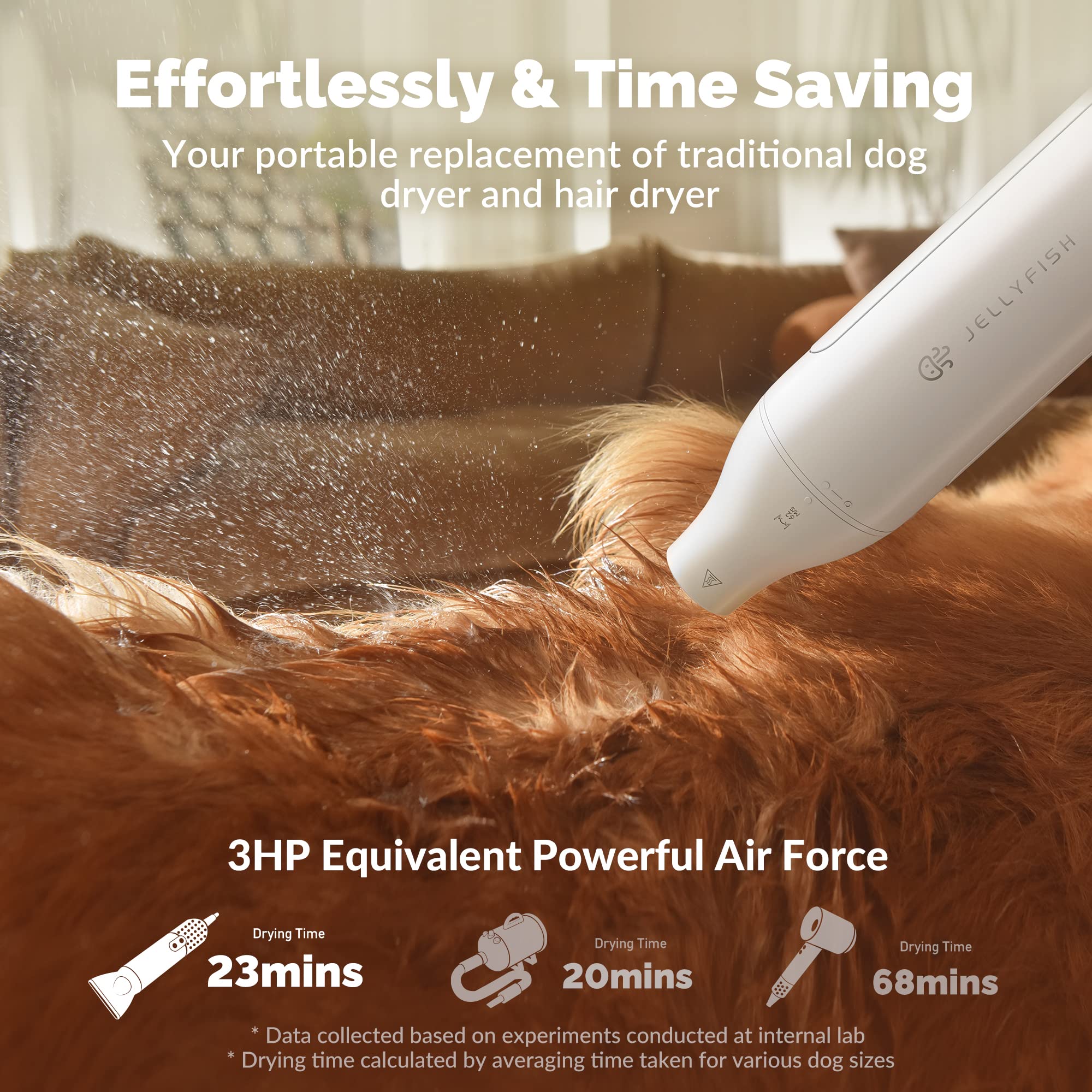 Jellyfish dog dryer showcases four temperature levels for controlled, pet-friendly airflow.