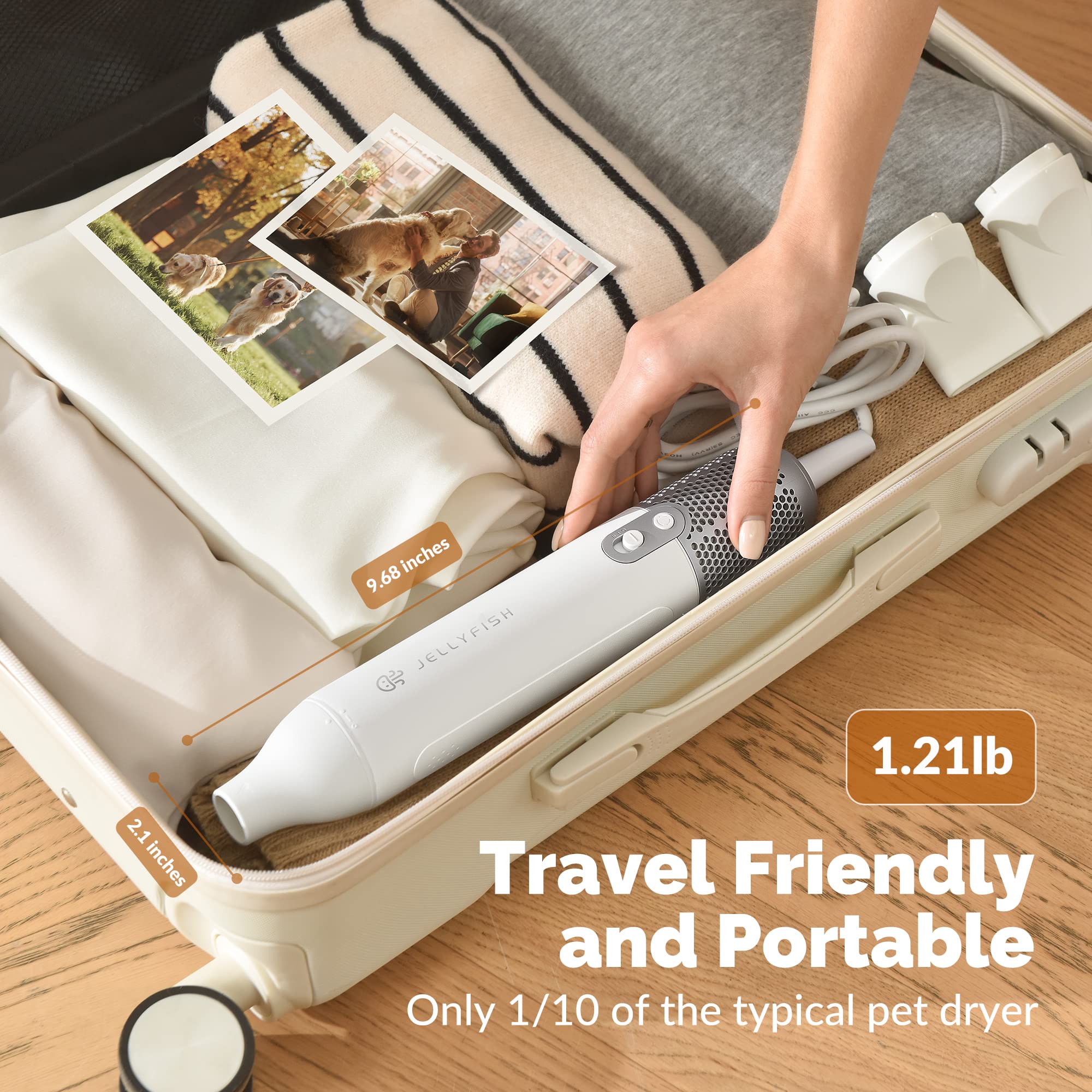 Jellyfish dog dryer is travel-ready and lightweight for home and on-the-go grooming.
