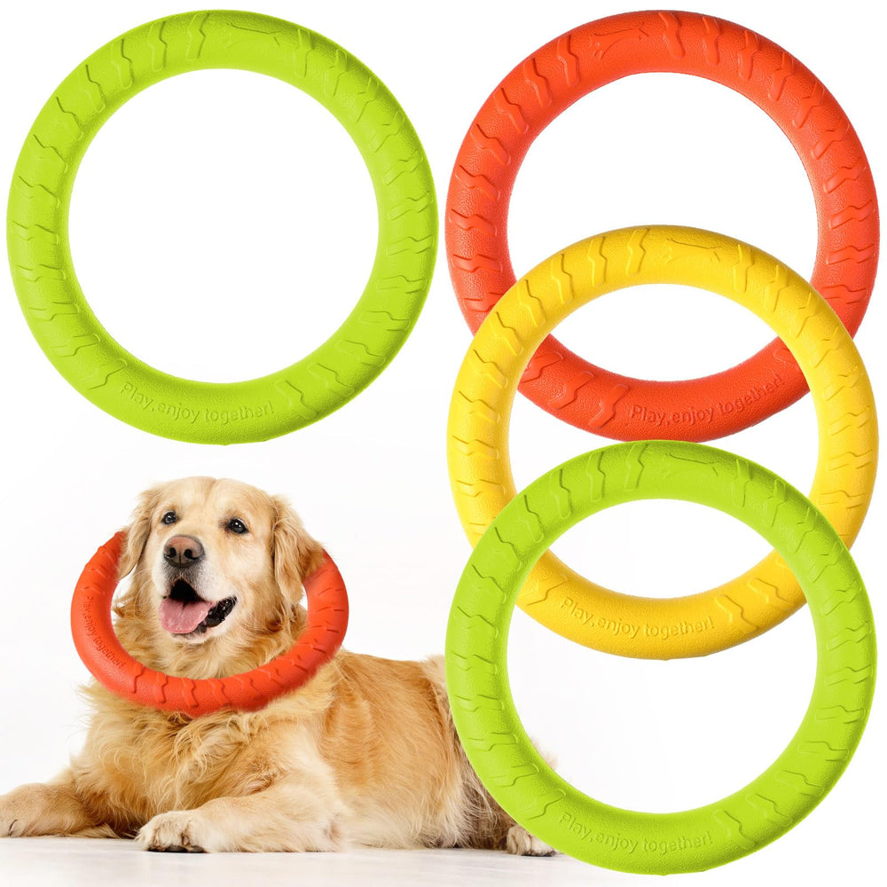 Jenaai dog ring toy four-pack for fetch and training in outdoor spaces.