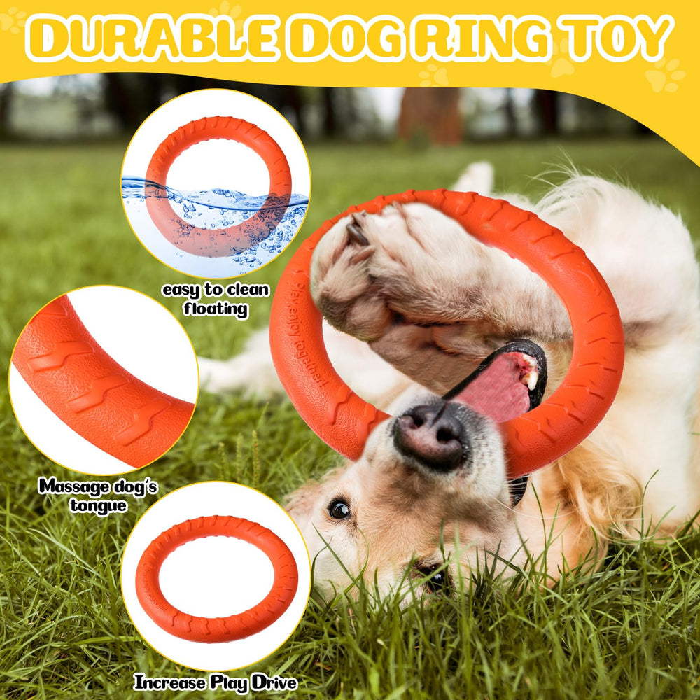 Jenaai dog ring toy with bright colors aiding quick location during training.
