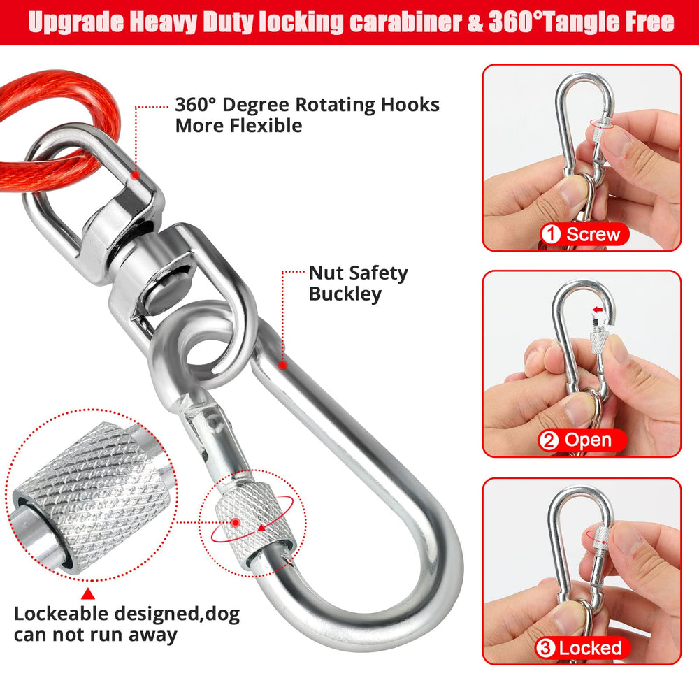 Jenico dog tie-out cable offers 360° tangle-free rotation during play.