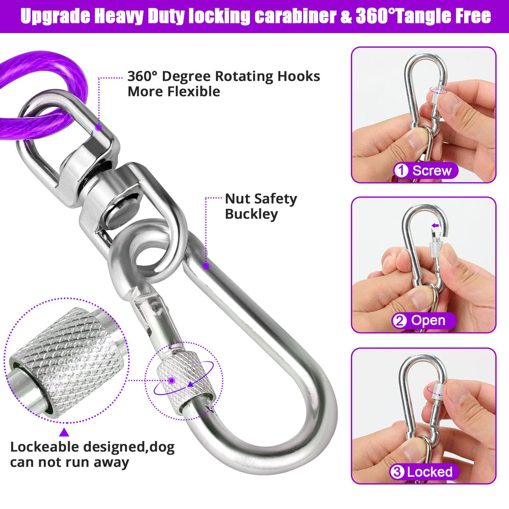 Jenico 70ft tie out with locking carabiner keeps your dog safely distant.