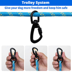Jenico dog tie-out cable blue 70ft in action for flexible outdoor camping