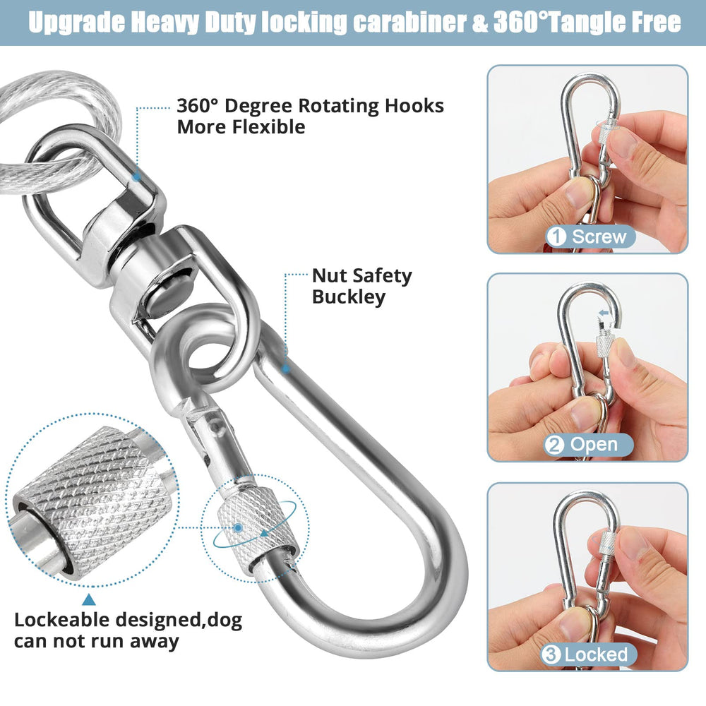 jenico dog tie out cable with 360-degree swivel hook prevents tangling during play