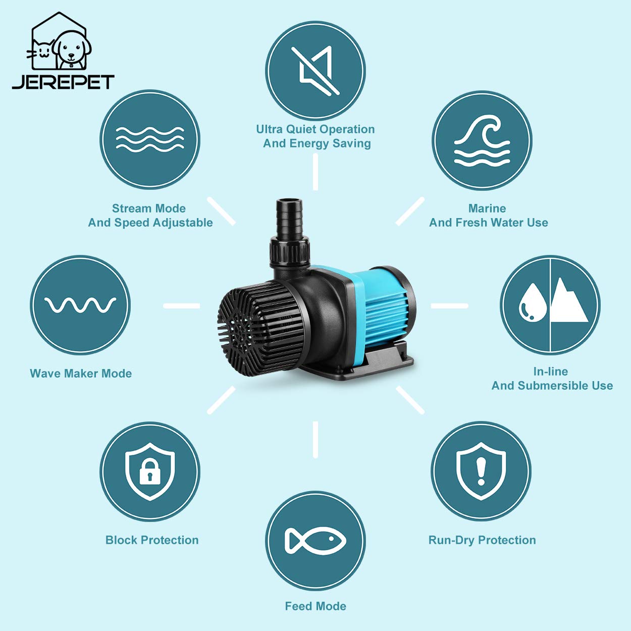 JEREPET 520GPH pump feeding mode button emphasizes timed feeding feature