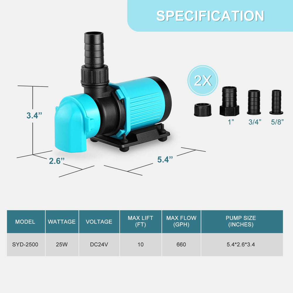 JEREPOND DC24V 25W pump offers quiet operation for a peaceful tank environment.