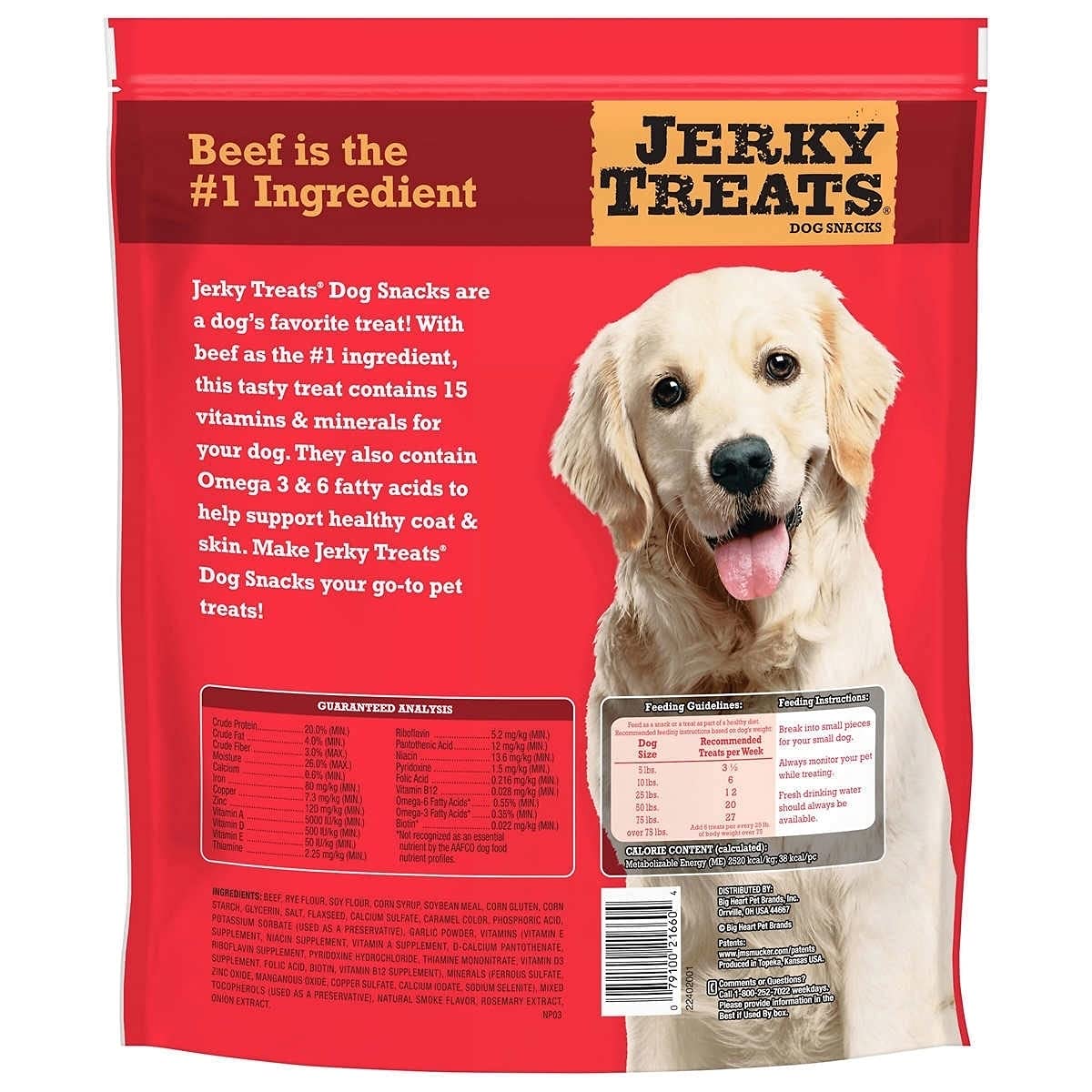 Jerky Treats Tender Beef Strips snack bag for dogs, supports tasty rewards during training.