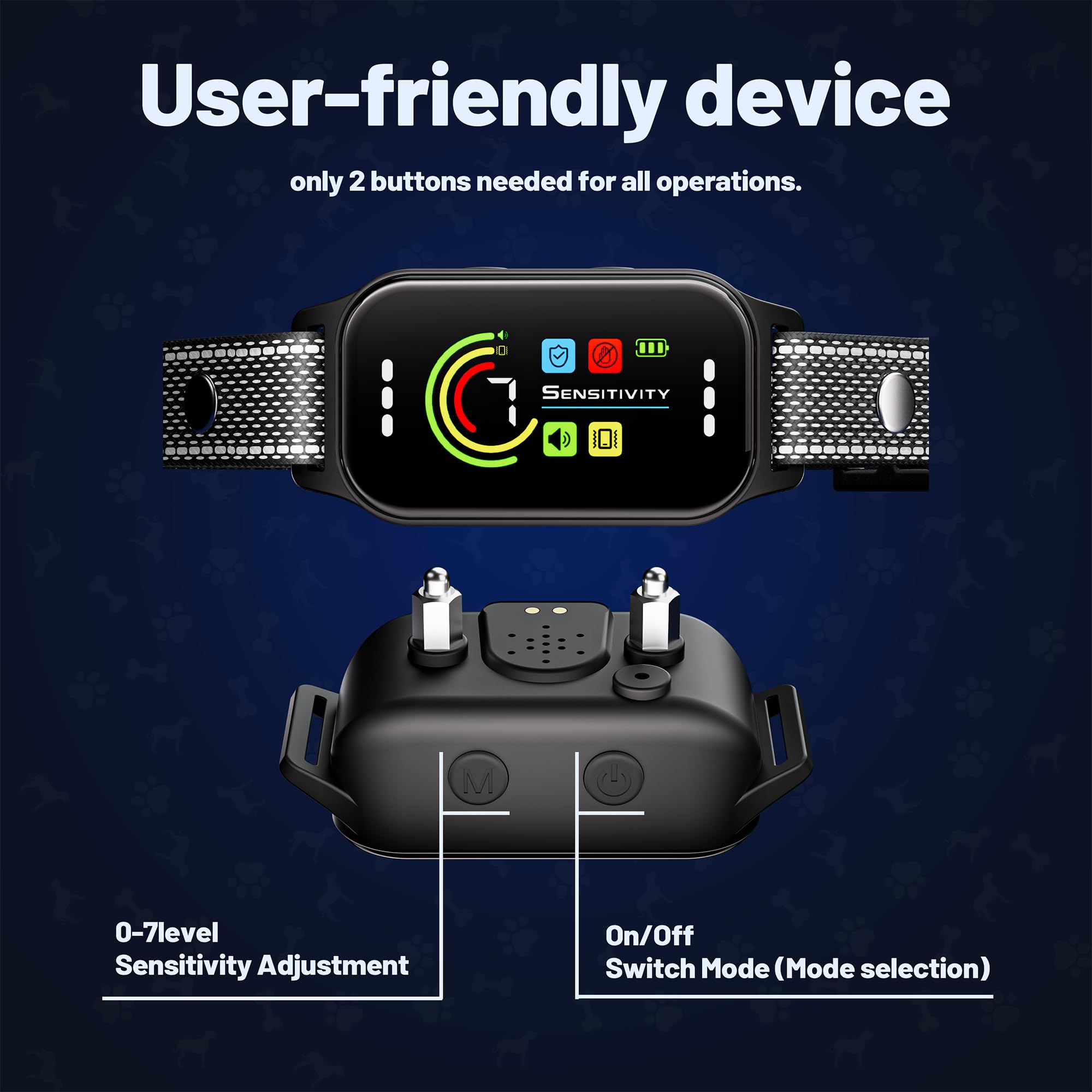 JEUJE bark collar dual-button controls enable quick mode changes.