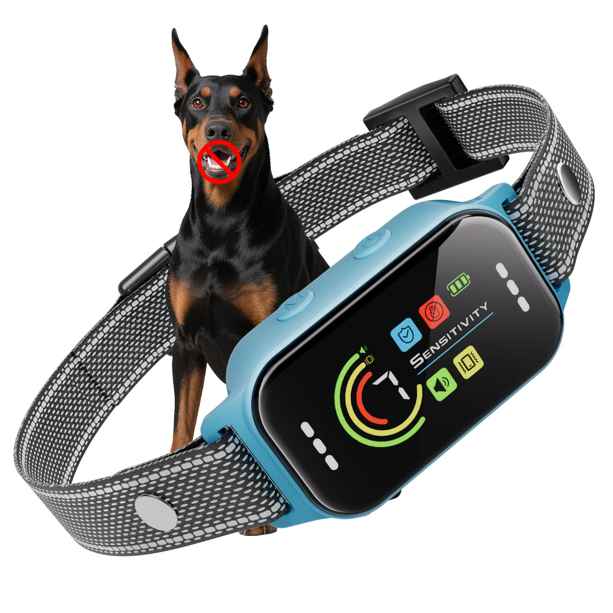JEUJE dog bark collar front view with adjustable strap for all sizes, comfortable day-long wear.
