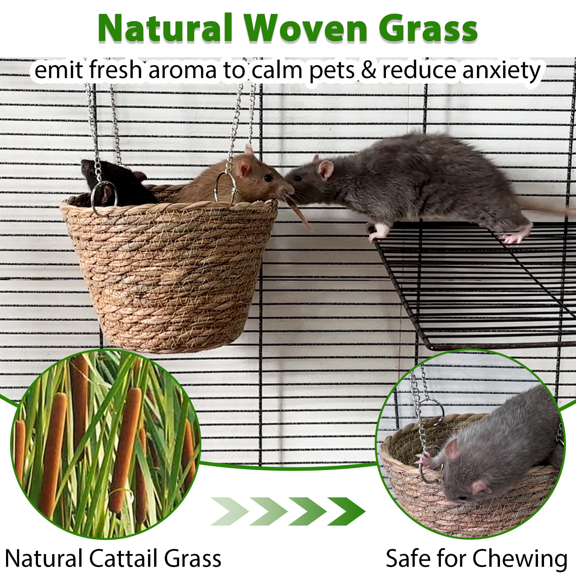 Jevnd rat hammock with chains and hooks ensures quick, secure cage mounting.