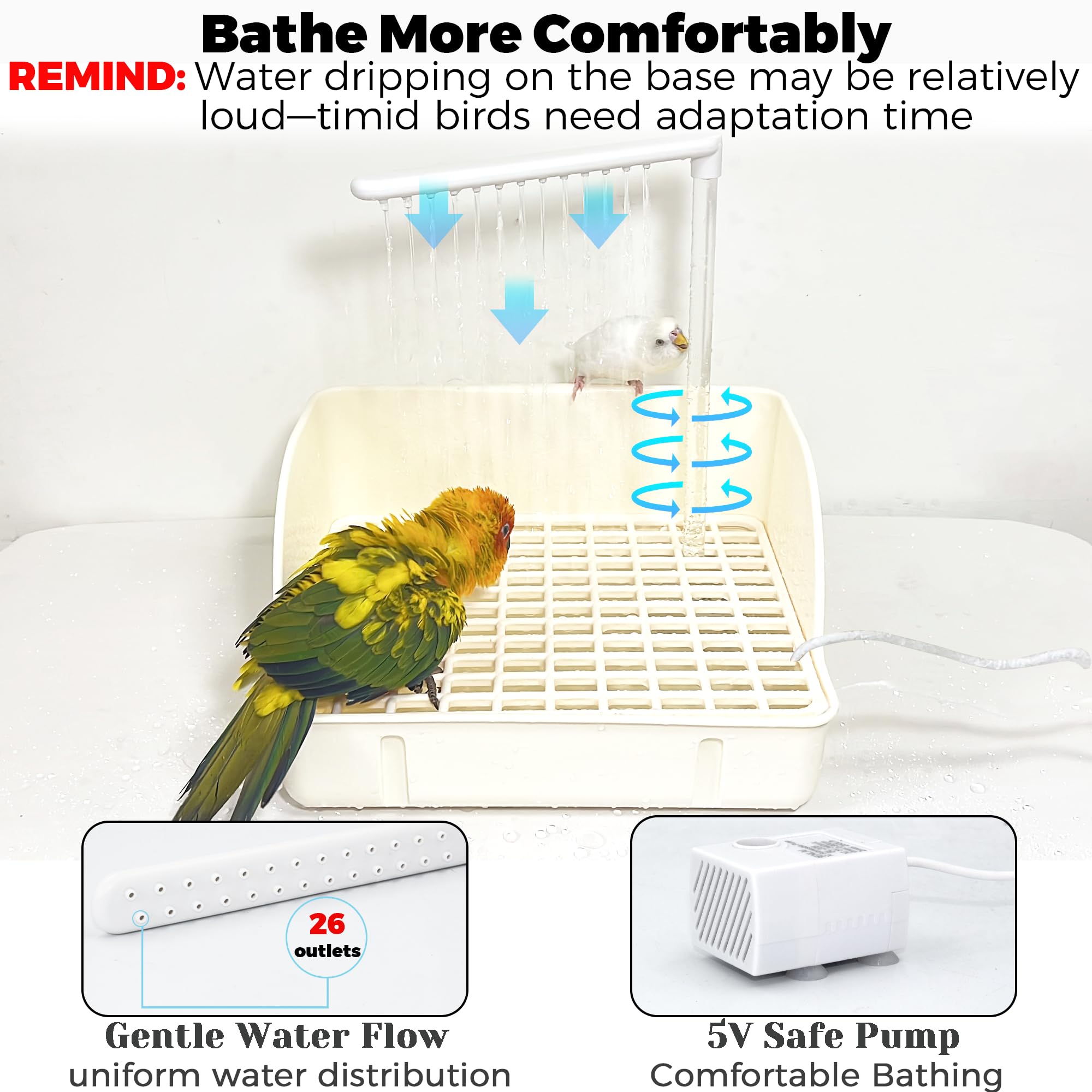 Jevnd spacious bird bath cage accessory supports several birds at once.