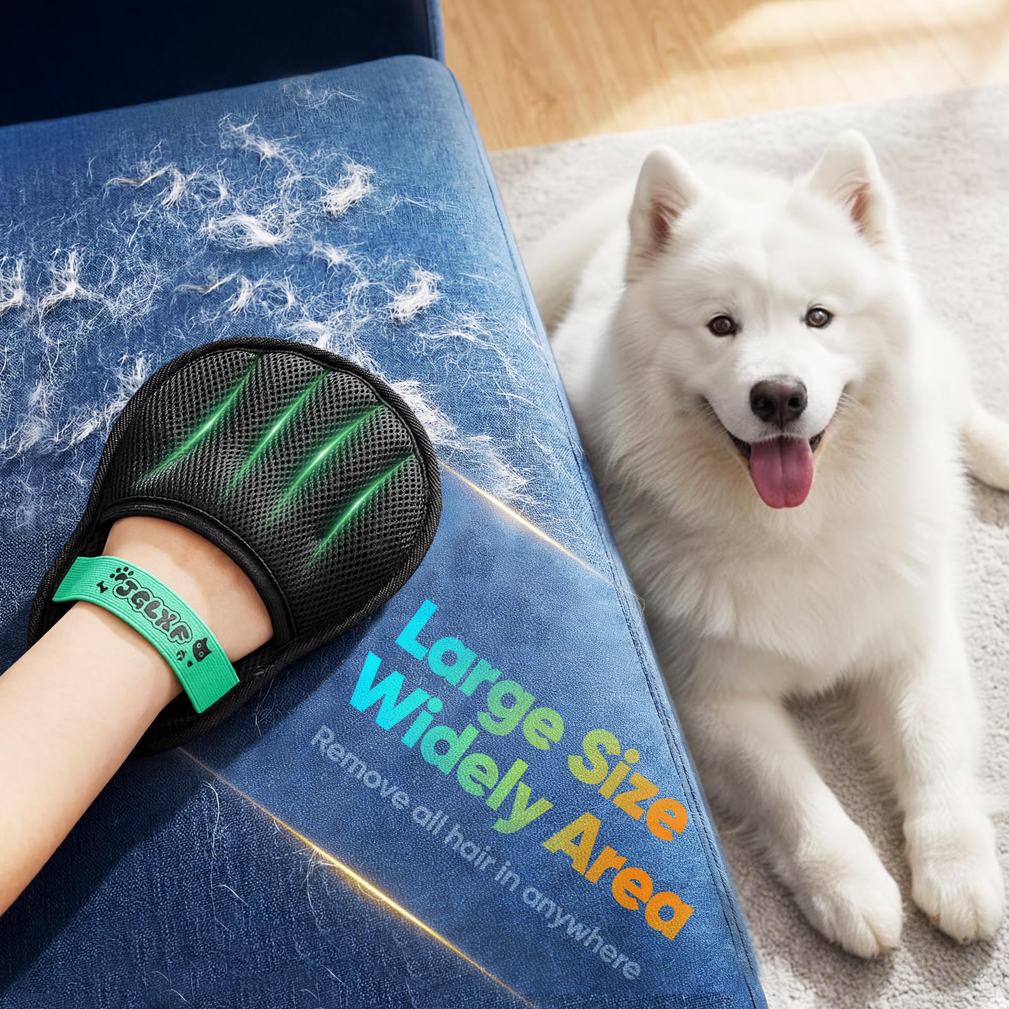 JGLXF glove worn on a sofa reveals snug fit and easy hair pickup.