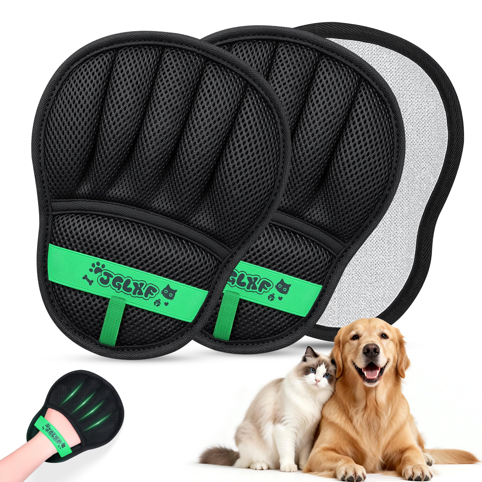 JGLXF upgraded pet hair removal glove close-up showing five-finger design for precise cleaning.