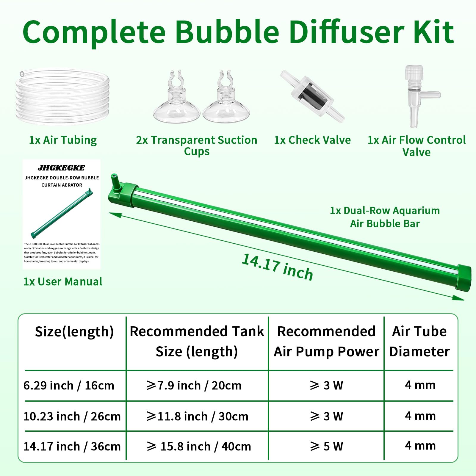Complete diffuser kit includes suction cups, tubing, and valve pieces