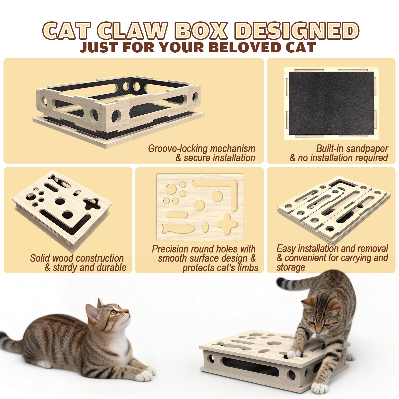 JHMFDDSB cat scratch puzzle box side view shows secure slot-and-lock stability.