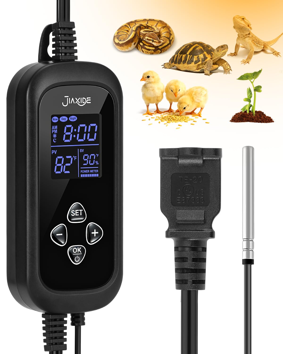 JIAXIDE 450W reptile thermostat controller for precise terrarium heating.