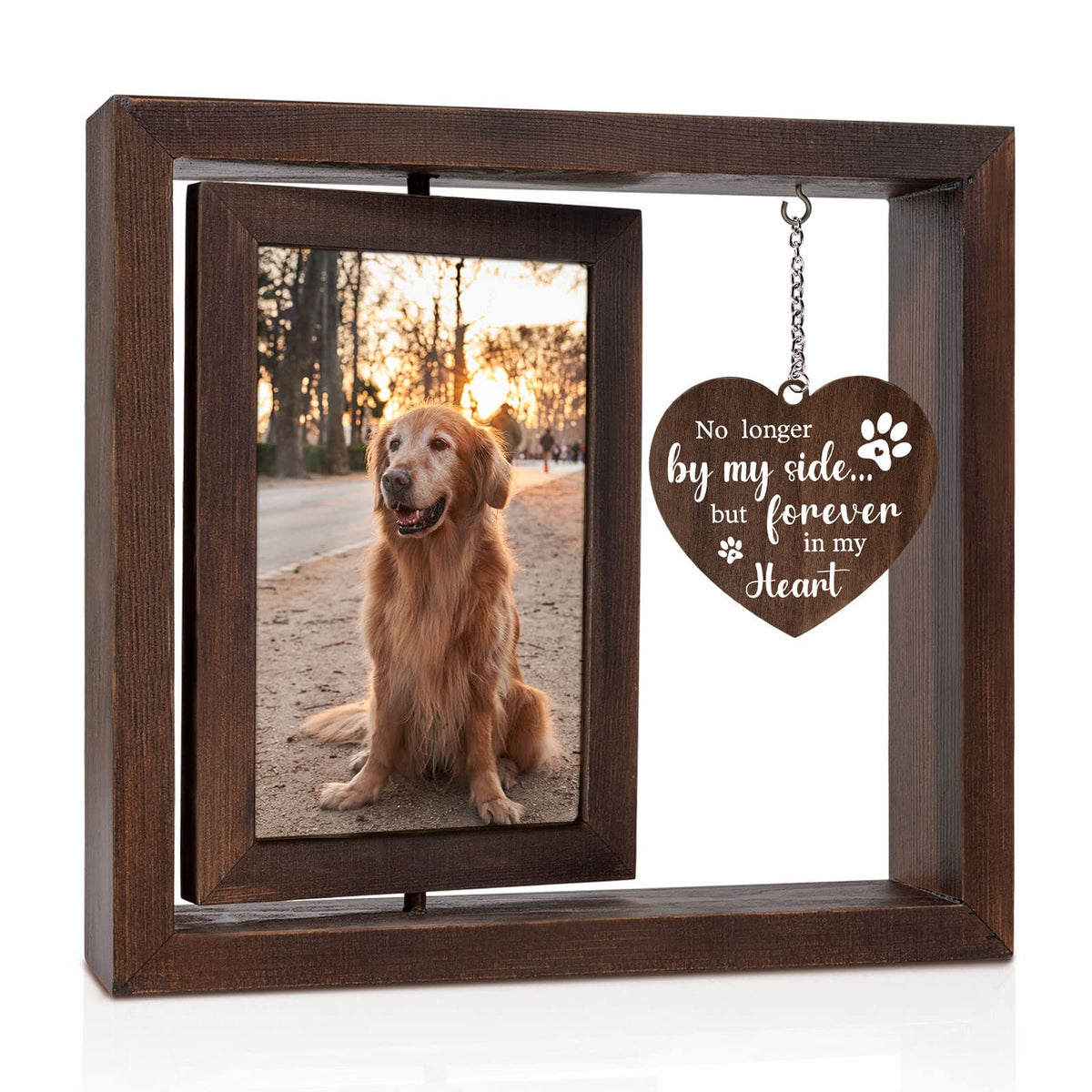 Jigfoxy dog memorial frame with a 4x6 photo in a rotating display.