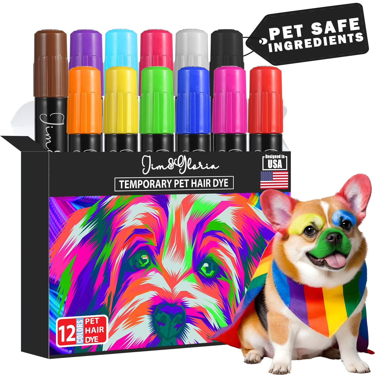 Jim&Gloria washable dog hair markers in 12 colors on fur for playful photos.