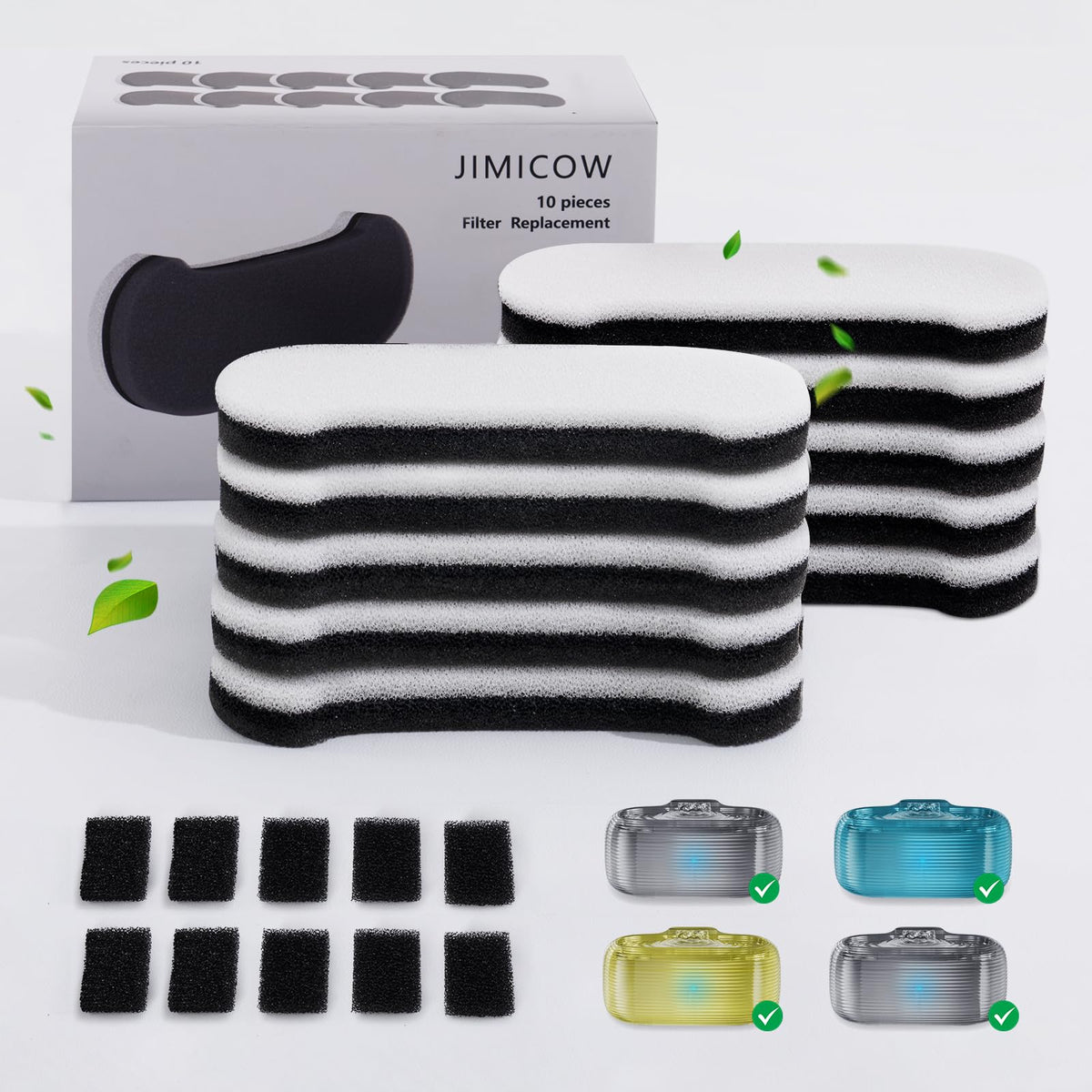 JIMICOW 10-pack fountain filters, front view, ready to refresh pets' water